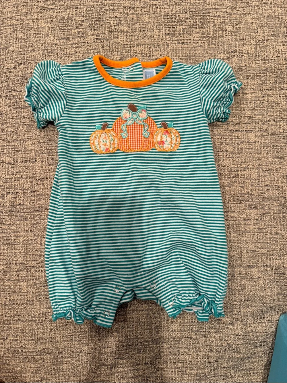 Baby Girls Pumpkin Appliqué Stripe Bubble Romper 6M Halloween Fall Outfit